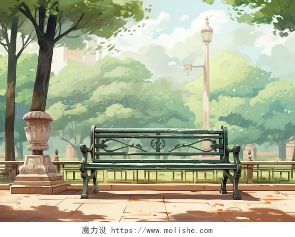公园中的空长椅水彩AI插画自然风景春天